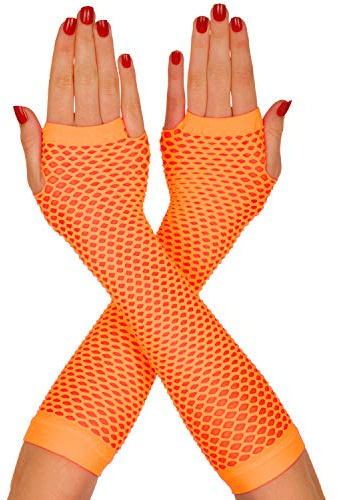 Neon Fishnet Gloves Dance Party 80s Fingerless - Retro Fancy Dress Accessory (Orange)