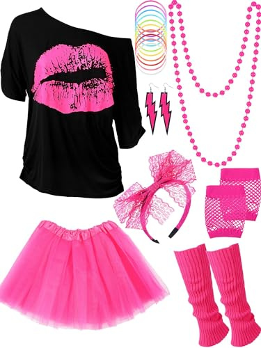 Costume anni '80 accessori per costume da donna neon maglietta gonna tutù per Halloween, Rosso rosa, nero, Large