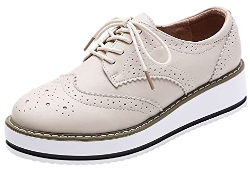 ANUFER kvinnors snörningsbrogues träningsskor skor vardaglig plattform creepers, beige matt, 37 EU