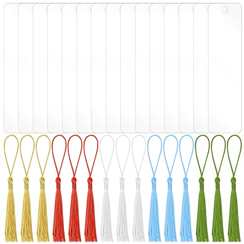 15 Pcs Acrylic Blank Bookmark, DIY Multicolor Tassel Clear Bookmarks with Hole, for Adults DIY Projects and Presents