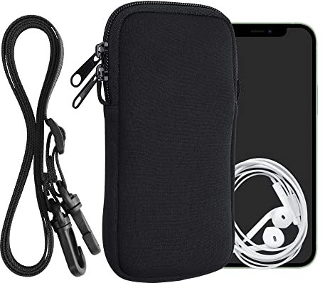 kwmobile Handytasche für Smartphones XL - 6,7/6,8 - Neopren Handy Hülle Schwarz mit Kordel - Handy Tasche mit Handykette 17,2 x 8,4 cm Innenmaße