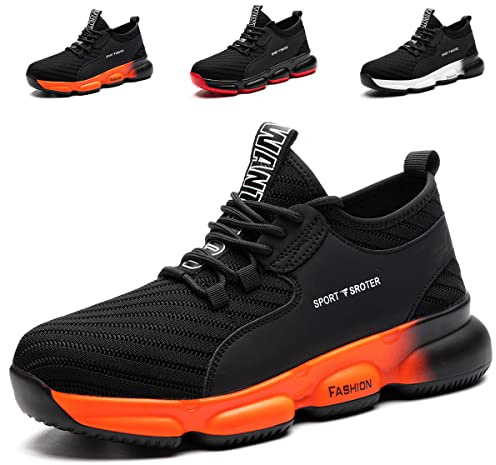 Xleeyt Safety Trainers Men Women Steel Toe Cap Trainers Safety Shoes Work Trainers Lightweight Non Slip Work Safety Boots Industrial Protective Sneakers Black Orange 6 UK