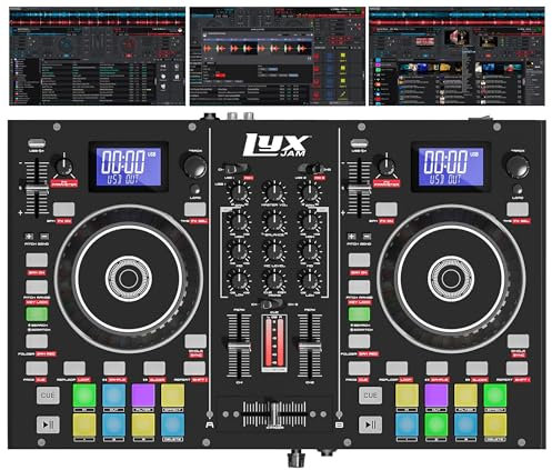 LyxJam Controlador de DJ portátil de 2 cubiertas, consola de mezcla con pantalla LCD, bucle manual, USB, entrada de micrófono, salida de grabación, 16 almohadillas de rendimiento con software virtual