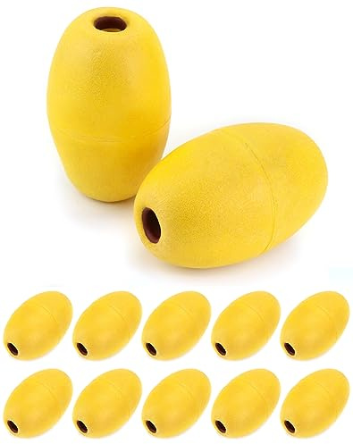 QWORK Oval Water Float, 12-Pack Yellow Hard Plastic Buoy Floats, 3.5 x 5.5 with 1/2 Center Hole Floats for Pools Water Ski Ropes Anchor Lines Marker Buoys