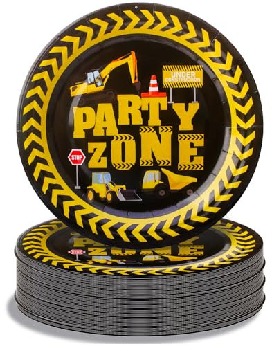 Pandecor 50 Pieces 1st 7 inches Disposable Paper lates,Construction One Years Old Birthday Party Cake Plates,Engineering Party Decorations (50 pieces plates)