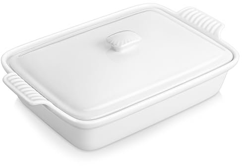 MALACASA Serie BAKE,Große Porzellan-Auflaufform mit Deckel - 3250ML - Auflaufform für Brot, Lasagne, Pizza Kuchen-Mikrowelle, Backofen, spülmaschinenfest (Weiß, 3250ML)