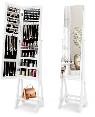 GOPLUS Armoire à Bijoux avec Miroir Plein Longueur, Armoire à Bijoux sur Pied avec 12 Lumières LED, 3 Angles Réglables, 3 Etagères, Grand Rangement, Organisateur de Bijoux pour Femmes Filles (Blanc)