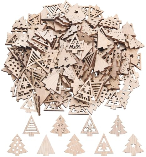 SUNNYCLUE 4 uppsättningar 200 st träträdformer julträ utskärning blandade naturliga oavslutade tomma högtider julgranar små dekorationer skivor hängande ornament för gör-det-själv hantverk fest dekor