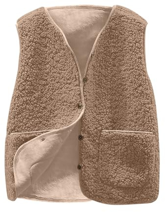 AnnSemo Gilet en polaire pour femme - Sans manches - Col en V boutonné - Manteau Sherpa moelleux - Gilet d'hiver avec poches - Manteau pelucheux en fourrure