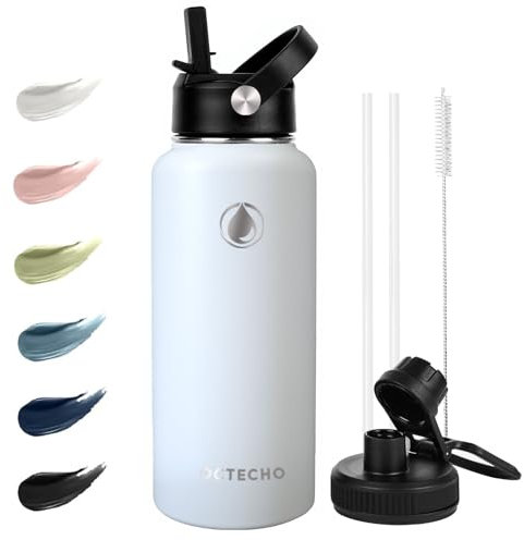 OcTecho Metal Water Bottle with Straw, 950ml Stainless Steel Water Bottle 2 Leakproof Lids, BPA Free Double Walled Vacuum Insulated Water Bottles Thermal for 12h Hot & 24h Cold,for Man,Woman-White