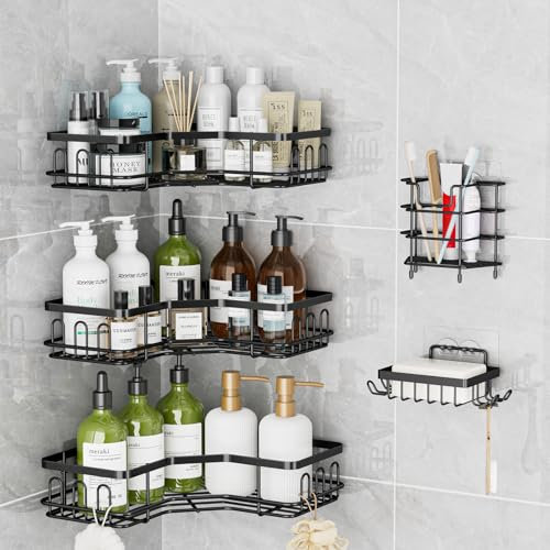 LUCUHM Corner Shower Caddy – 5 Pack Black Bathroom Storage Shelves No Drilling – Stick on Adhesive Shower Organiser Caddy with Hooks – Corner Shower Tidy Rack Accessories for Shampoo Gel Black