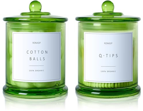 Ronasip Qtip Holder & Cotton Pad Dispenser, Bathroom Organizer and Storage Canisters, 16oz Glass Apothecary Jars for Kitchen, Restroom - Home Decor Accessories, Room Decor Aesthetic (2 Pack, Green)