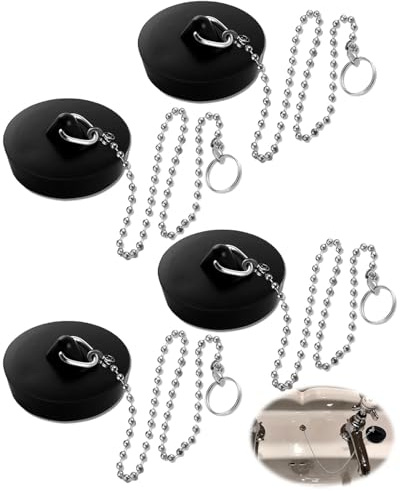 JUKOTA Paquete de 4 tapones de goma para fregadero con cadena, aptos para bañeras, cocinas y baños.