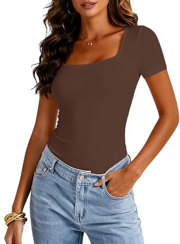 SHAPERIN T Shirt Donna Manica Corta Maglietta con Scollo Quadrato Top Aderente Elegante Magliette Tops Tinta Unita