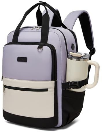 KONO Zaino Donna Porta PC 15,6 Pollici, Impermeabile, Grande Capacità con Tasca Porta Borraccia, Zaino per PC Portatile per Lavoro, Università e Viaggio (Viola/Beige)