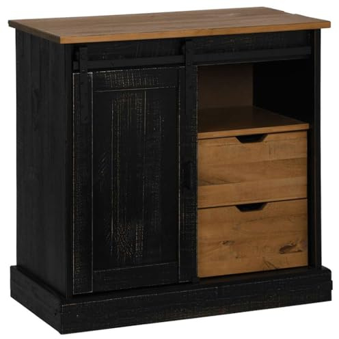 QJBSAVVA Credenza Halden, 80 x 40 x 80 cm, in legno di pino massiccio, con porta scorrevole e 2 cassetti, moderna credenza alta per soggiorno, corridoio, camera da letto, colore: nero
