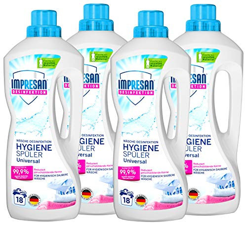 Impresan Hygiene-Spüler Universal - 4 x 1,5L - Wäsche-Desinfektion - Desinfektionsspüler - beseitigt mehr als 99,9% Bakterien, Pilze und spezielle Viren - 4 x 18 Waschladungen