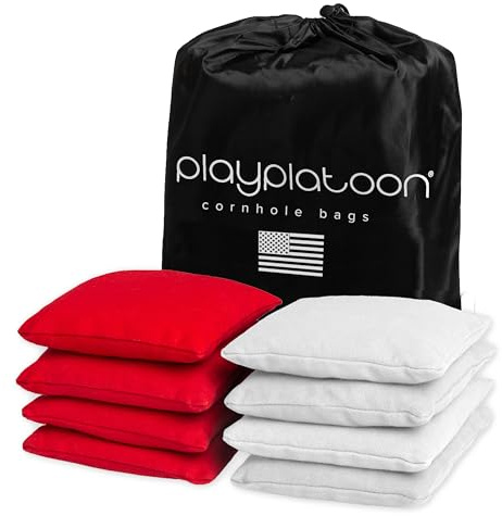 Play Platoon Weather Resistant Cornhole Bags - Set of 8 Regulation Corn Hole Bean Bags - Red & White - Durable Duck Cloth Corn Hole Bag for Tossing Game, Includes Tote Bag