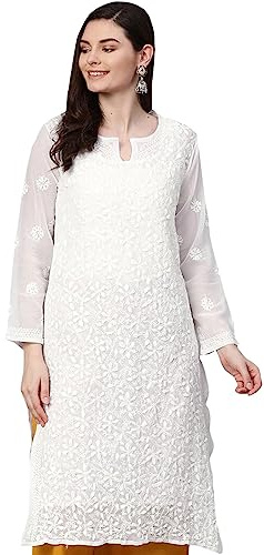 Ada Indian Hand Embroidered Women's Chikankari Faux Georgette Kurta Kurti Tunic A90397 (Medium, White)
