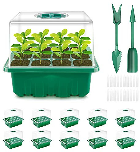 Verdenu 10 Stück Zimmergewächshaus Anzuchtkasten, 120 Zellen Mini Gewächshaus für den Start des Sämlingswachstums, Keimungskits mit grünem Mini-Gewächshausboden, 8.4CM Höhe der Feuchtigkeitskuppel