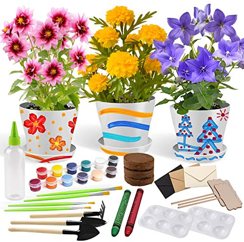 Kit de Jardinage pour Enfants Peinture Plantation Jouet de Jardin Fleurs pour Filles Garçons Cadeau Pots de Fleurs Artisanat Set Jardinage et Plantation pour Enfants de 4 5 6 7 8 9 10 11 12 13 14 Ans