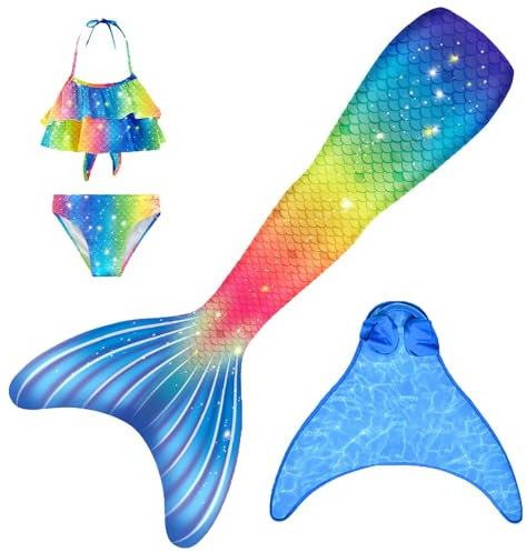 FOLOEO Meerjungfrauenflosse Mädchen Meerjungfrau Flosse Badeanzug Kinder zum Schwimmen mit Monoflosse und Bikini Set für Kinder, 4 Stück Set