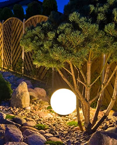 Trango Sfera da giardino IP65, diametro 30 cm, bianco opaco, 300 W, pietra luminosa, con cavo IP44 da 5 metri, con 1 attacco E27, lampada a sfera, lampada da giardino, sfera luminosa, lampada da