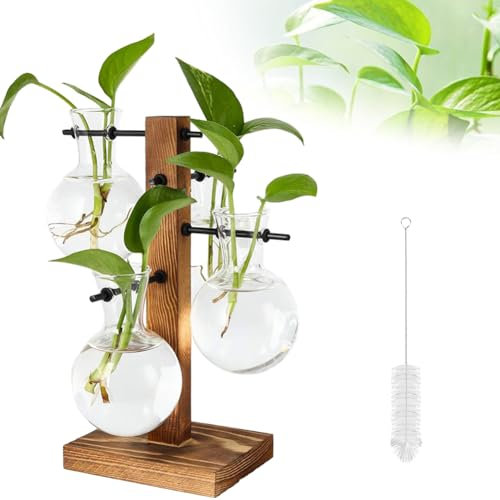 KITERI Plant Propagation Stations, 4 Bulb Vintage Avocado Vase Modern Glass Planter Desktop Propagation Stations Plant Terrarium with Wooden Stand for Hydroponic Plants Cuttings Office Home Decor