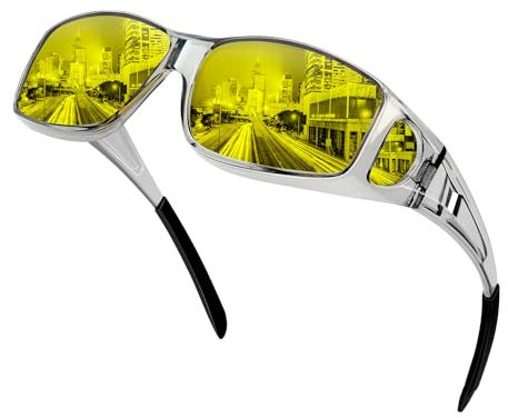 KANASTAL Occhiali Guida Notturna Uomo Donna Gialle Sovraocchiali Visione Notturni Notte Rettangolari Montatura Trasparente Avvolgenti Yellow Night Driving over Glasses -Cornice Grigio Lenti Gialli