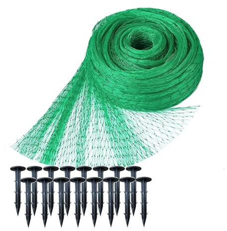 4 x 10M Garden Netting for Plants Fruit Veg Grass Seeds and Ponds Protection, Anti Bird Netting Kit with 16 Pcs Plastic Ground Pegs, Strawberry Netting, Versatile Fine Mesh Garden Netting