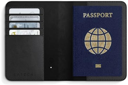 Satechi Passport Holder for Travel with Find My, Passport Cover with 4 Card Holder, Wireless Charging, and RFID protection – Travel Essential Vegan Leather Passport Holder – Black