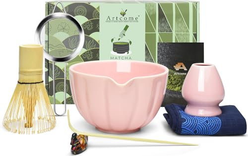 Artcome Juego de 7 piezas de té matcha japonés, cuenco de matcha con boquilla de vertido, batidor de matcha, cuchara de té, soporte para batidor, kit de ceremonia de matcha hecho a mano para ceremonia