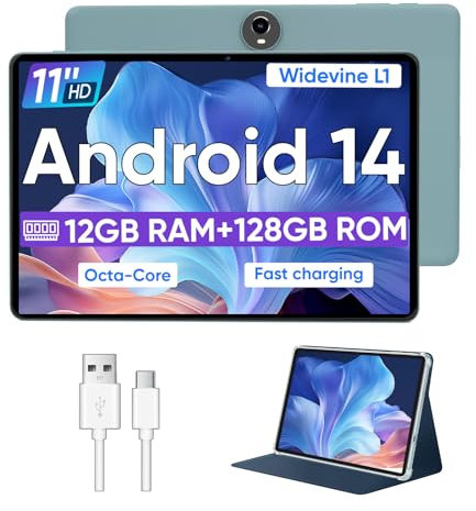 COLORROOM Tablet, 11 Zoll Android Tablet, Octa Core Prozessor, 12GB RAM 128GB ROM 1TB Erweiterbar, 1280x800 HD IPS Touchscreen, Widevine L1, 8000mAh, WLAN 5, BT 5.0, Dual Kamera (Blau mit Schutzhülle)