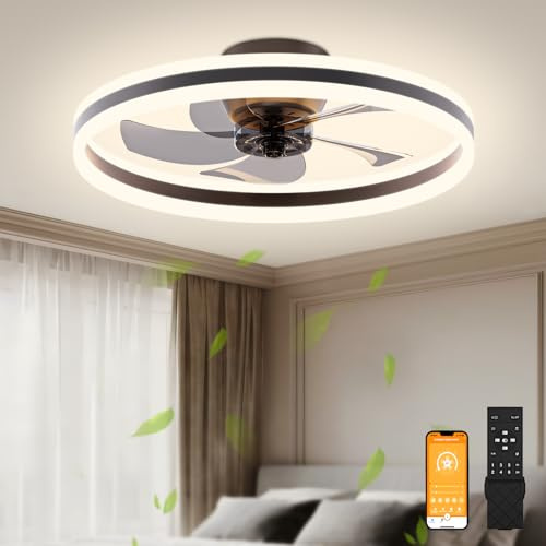 VOLISUN Ventilateur de plafond avec éclairage et télécommande, 6 niveaux de vent et intensité variable, plafonnier moderne avec ventilateur, LED silencieux, pour chambre à coucher, salon (noir, 50 cm)