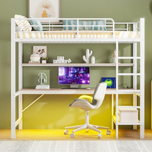 Kebnor Cama Alta, 90 x 200 cm, barandilla, Escalera, con USB y Toma de Corriente, con Luces LED, Escritorio, estantería de Varios Niveles, sin colchón, Metal, Blanco