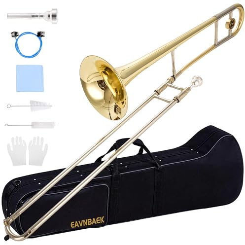 Eavnbaek Bb Tenor Slide Trombone for Students Beginners, B Flat Brass Plated Trombone Instrument with Hard Case Mouthpiece White Gloves and Cleaning Kit (Gold)