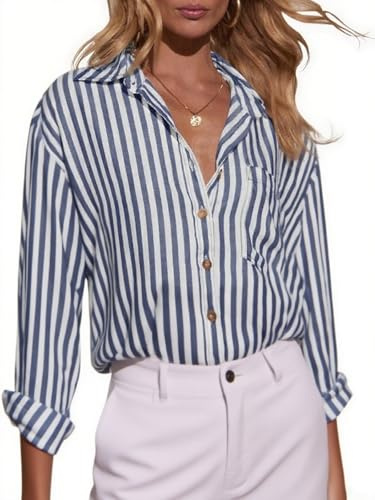 Dressmine Women's Oversized Shirt Cotton Striped Blouse Long Sleeve Button Down Collared Tops Casual Shirts with Pocket