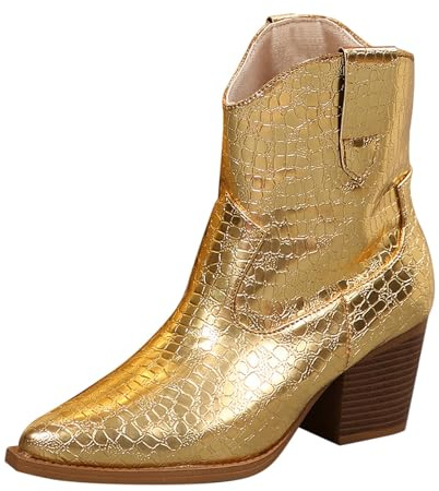 DFSDJEUW ladies ankle boots wide fit Cowboy Boots for Girls Autumn And Winter New Warm Head Thick Heel High Heel Mid Calf Short Stone Pattern Sleeve Women's Short waterproof trainers womens Gold 7.5