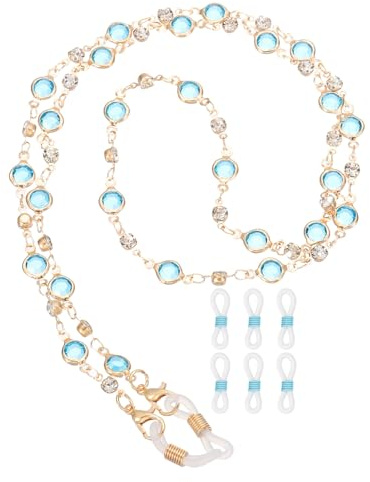 sourcing map Glasses Chain, 75cm Rhinestones Eyeglasses Strap Stylish Mask Lanyard Chains with 6 Chain Ends for Women, Light Blue