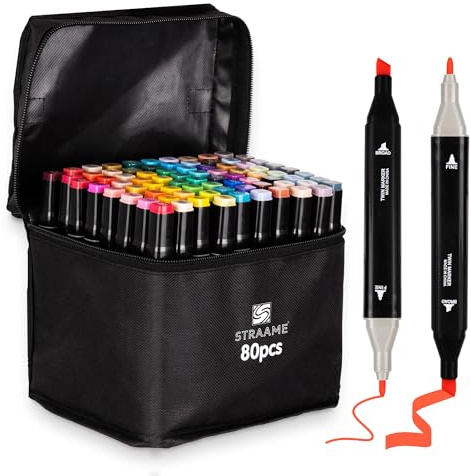 Straame Alcohol Markers – 80 Dual-Tip Pens, Fine (1mm) & Chisel (6mm) Nibs, Double-Ended Art Pens for Drawing, Sketching, Manga & Anime, With Durable Carry Case(Paint Markers - 80 pcs)