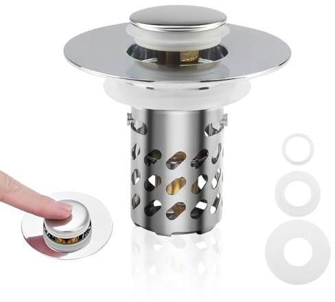 JINXIAN Tappo Lavandino Bagno Universale Risoluce Filtro di Scarico Lavandino Tappo di Scarico 3 in 1 in Acciaio Inox Pop Up Rimovibile Tappo Lavello Cucina per Bagno da 25-46mm
