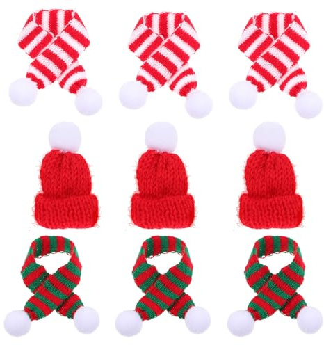 Gatuida 12 Stück Weihnachtsflaschen Deko mit Roten Wollstrickmützen und Rot Weiß/Grün Weiß Gestreiften Flaschenschals aus Wollgarn 5X7cm Mützen 22cm Schals Festliche Flaschenhülle für