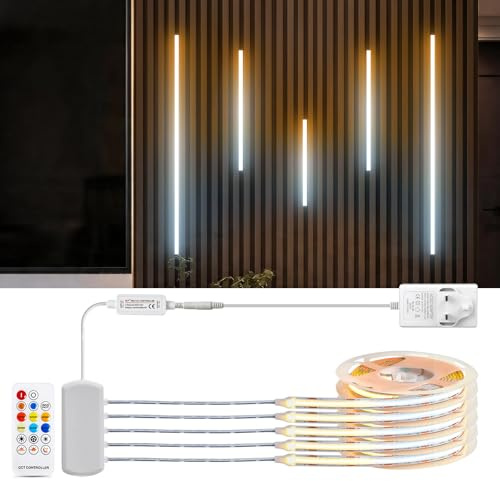 LRGBST 5 Pcs x 1M/3.3ft 2700K-6500K CCT COB LED Strip with Remote Contronl Cabinet Light Kit, 24V 5M Warmwhite/Natural White/White COB Led Strip Light for Shelf，Showcase & Acoustic Panel Lighting