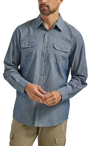 Wrangler Authentics Long Sleeve Classic Woven Shirt Camisa Abotonada, Dark Chambray, L para Hombre