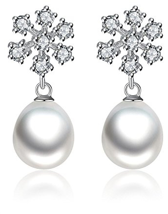 VIKI LYNN Pendientes de mujer en plata de ley 925 con circonita cúbica en forma de copo de nieve de 8-9 mm y perla cultivada de agua dulce