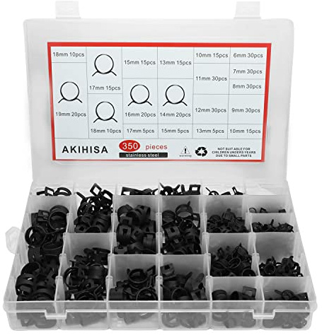 AKIHISA 350 Pcs 6-19mm Spring Hose Clamp, Spring steel 65Mn Fuel Hose Clamp, 14 sizes for Silicone Vacuum Fuel Oil Hose Line Clamps