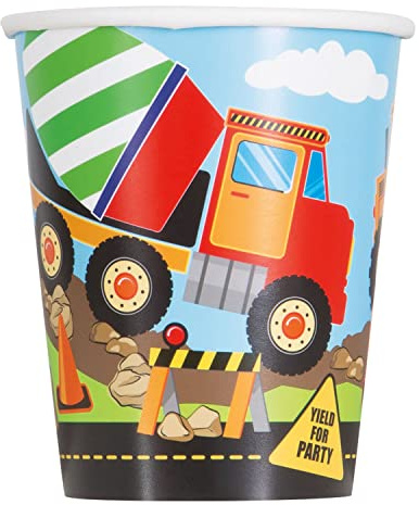Unique 82218 Cups-266 ml-Construction Party-8 Count (Pack of 1), Paper, 266 milliliters, Multicolour