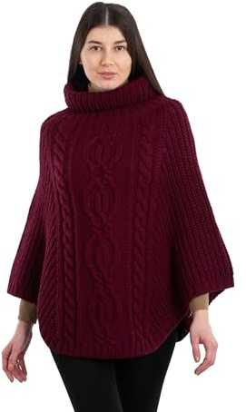 SAOL 100% lana merino lavorata a maglia da donna irlandese Aran Poncho Cardigan, vino, taglia unica