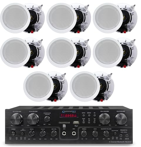 Kit sistema Home Theater con ricevitore Bluetooth a 4 canali da 1000 Watt e 8 altoparlanti da parete da 6,5 200 Watt a soffitto con audio stereo a 2 vie con woofer/tweeter, design a filo Technical