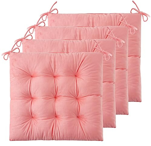 ELFJOY Chair Cushions for Dining Chairs Set of 4 Kitchen Seat Cushions Indoor Velvet Seat Pad with Ties for Dining Office Living Room (18 x 18, Pink)